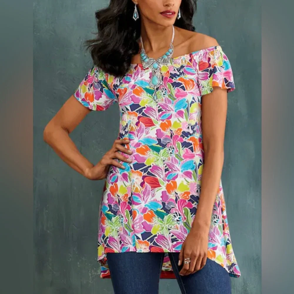 Midnight Velvet Tropical Floral High Low Tunic Casual Office Casual Knit Top - Picture 13 of 13